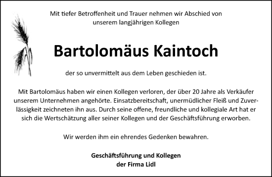 Traueranzeige von Bartolomäus Kaintoch von Allgemeine Zeitung Mainz