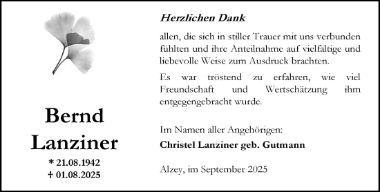 Traueranzeige von Bernd Lanziner von Allgemeine Zeitung Alzey