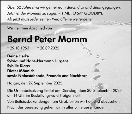 Traueranzeige von Bernd Peter Momm von Dill Block Traueranzeige von Bernd Peter Momm von Dill Block