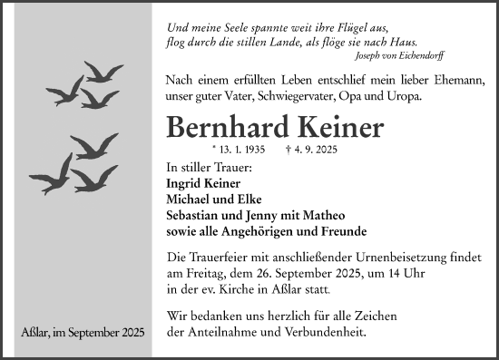 Traueranzeige von Bernhard Keiner von Wetzlarer Neue Zeitung Traueranzeige von Bernhard Keiner von Wetzlarer Neue Zeitung