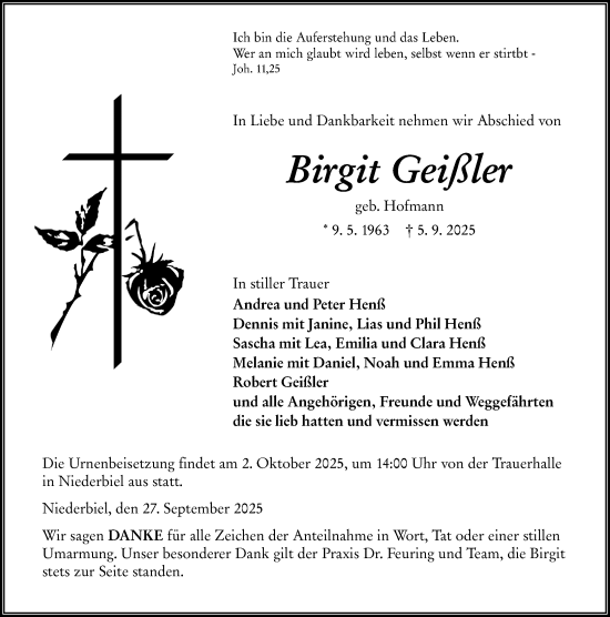 Traueranzeige von Birgit Geißler von Wetzlarer Neue Zeitung
