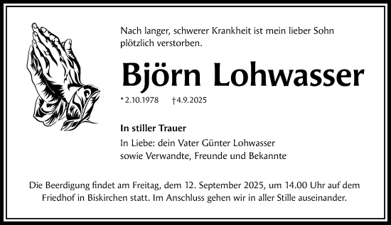 Traueranzeige von Björn Lohwasser von Wetzlarer Neue Zeitung