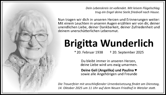 Traueranzeige von Brigitta Wunderlich von Wetzlarer Neue Zeitung