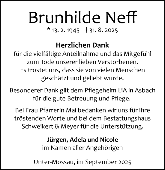 Traueranzeige von Brunhilde Neff von Odenwälder Echo