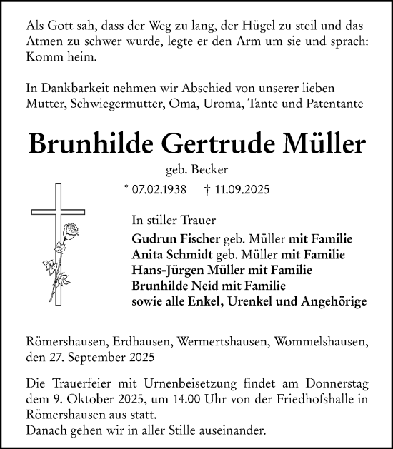 Traueranzeige von Brunhilde Gertrude Müller von Hinterländer Anzeiger