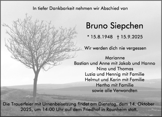 Traueranzeige von Bruno Siepchen von Rüsselsheimer Echo