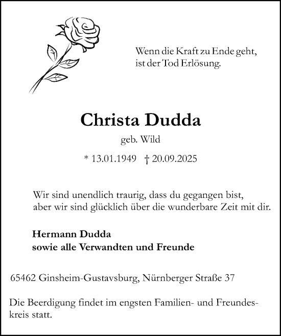 Traueranzeige von Christa Dudda von Allgemeine Zeitung Mainz Traueranzeige von Christa Dudda von Allgemeine Zeitung Mainz