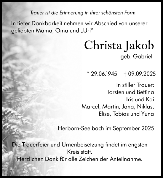Traueranzeige von Christa Jakob von Dill Block