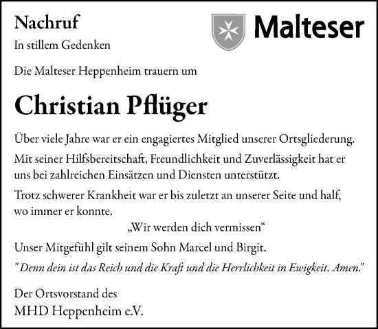 Traueranzeige von Christian Pflüger von Starkenburger Echo