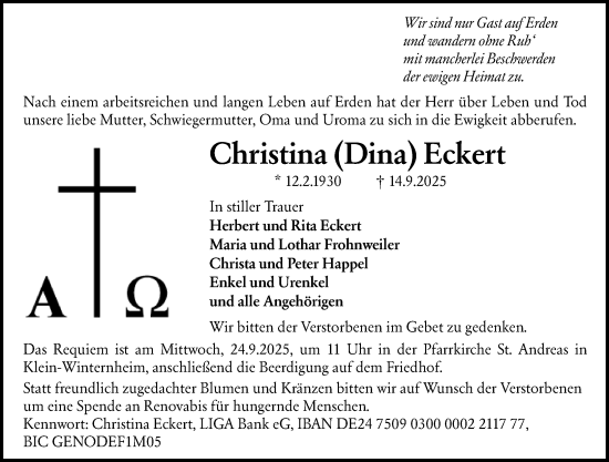Traueranzeige von Christina Eckert von Allgemeine Zeitung Mainz