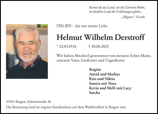Traueranzeige von Helmut Wilhelm Derstroff von Allgemeine Zeitung Rheinhessen-Nahe