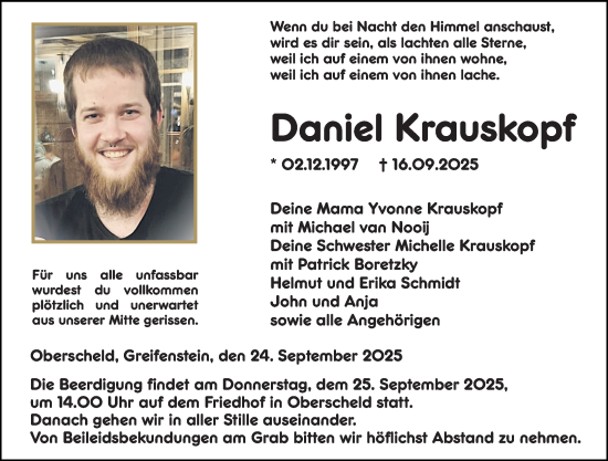 Traueranzeige von Daniel Krauskopf von Dill Block