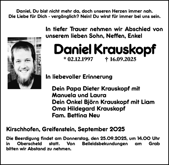Traueranzeige von Daniel Krauskopf von Weilburger Tageblatt