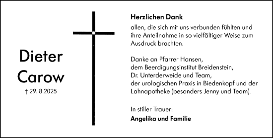 Traueranzeige von Dieter Carow von Hinterländer Anzeiger