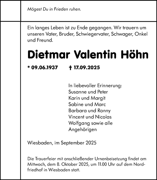 Traueranzeige von Dietmar Valentin Höhn von Wiesbadener Kurier Traueranzeige von Dietmar Valentin Höhn von Wiesbadener Kurier