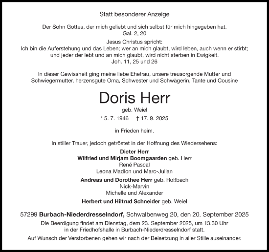 Traueranzeige von Doris Herr von Dill Block