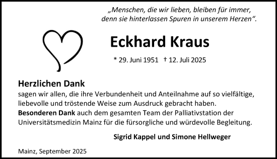 Traueranzeige von Eckhard Kraus von Allgemeine Zeitung Mainz