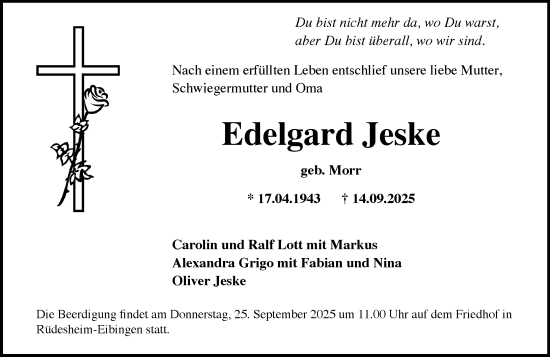 Traueranzeige von Edelgard Jeske von Rheingau Kurier