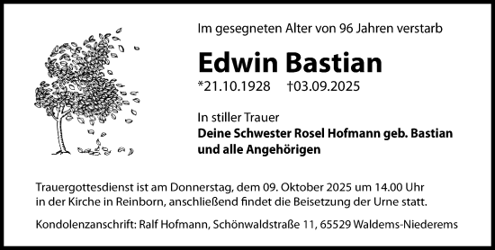 Traueranzeige von Edwin Bastian von Idsteiner Land/Untertaunus