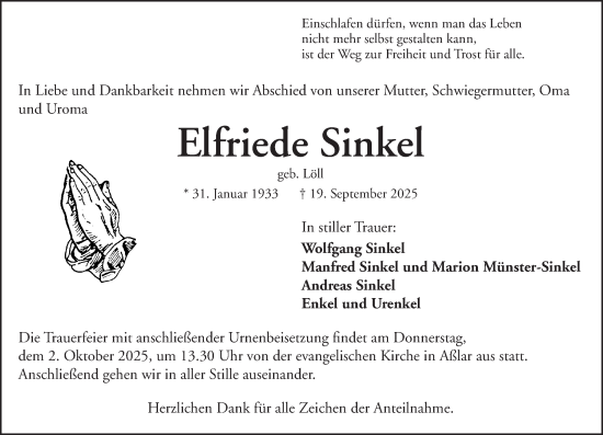 Traueranzeige von Elfriede Sinkel von Wetzlarer Neue Zeitung