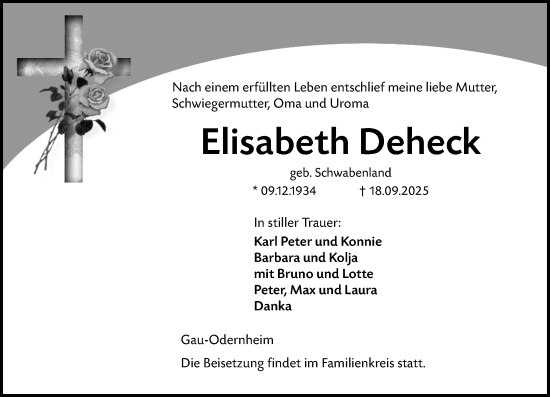 Traueranzeige von Elisabeth Deheck von Allgemeine Zeitung Alzey Traueranzeige von Elisabeth Deheck von Allgemeine Zeitung Alzey