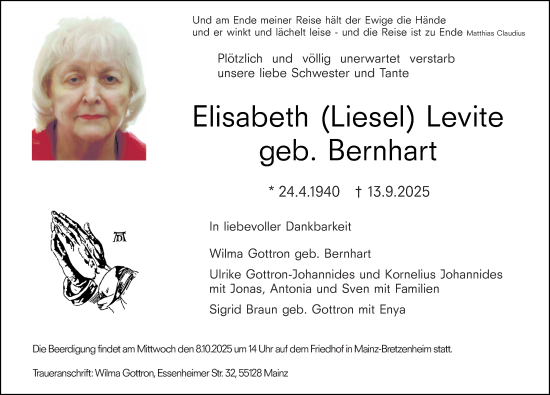 Traueranzeige von Elisabeth Levite von Allgemeine Zeitung Mainz