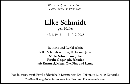Traueranzeige von Elke Schmidt von Allgemeine Zeitung Mainz