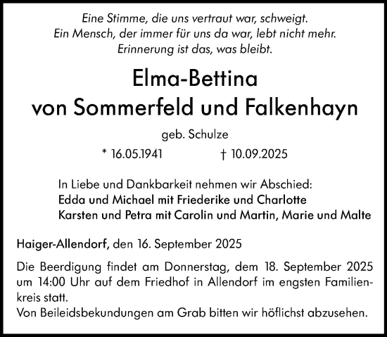 Traueranzeige von Elma-Bettina von Sommerfeld und Falkenhayn von Dill Block
