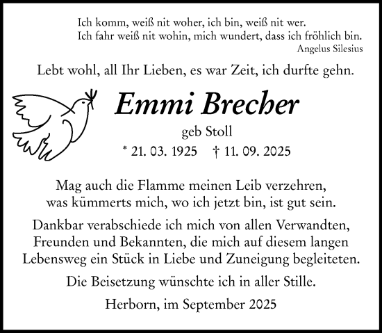 Traueranzeige von Emmi Brecher von Dill Block Traueranzeige von Emmi Brecher von Dill Block