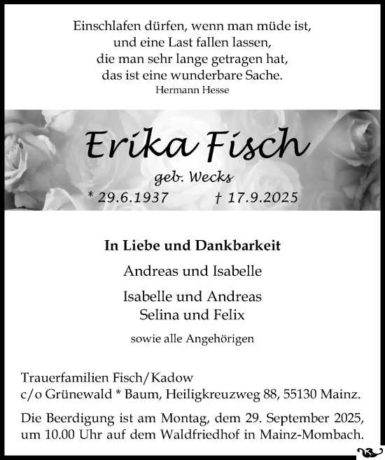 Traueranzeige von Erika Fisch von Allgemeine Zeitung Mainz Traueranzeige von Erika Fisch von Allgemeine Zeitung Mainz