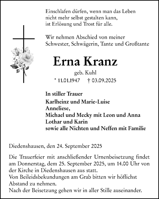 Traueranzeige von Erna Kranz von Hinterländer Anzeiger