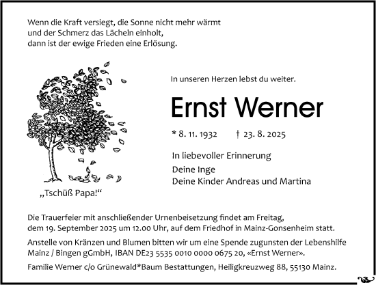 Traueranzeige von Ernst Werner von Allgemeine Zeitung Mainz