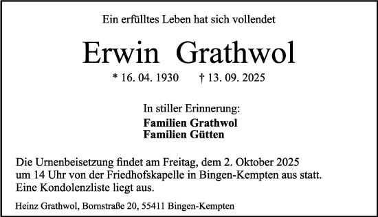 Traueranzeige von Erwin Grathwol von Allgemeine Zeitung Rheinhessen-Nahe Traueranzeige von Erwin Grathwol von Allgemeine Zeitung Rheinhessen-Nahe