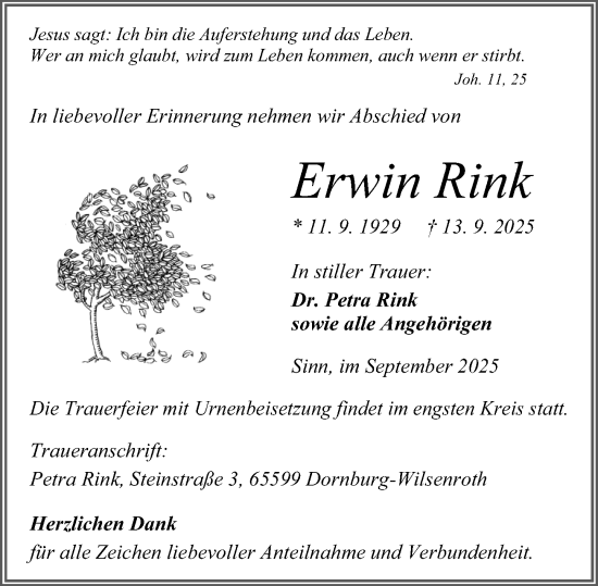 Traueranzeige von Erwin Rink von Dill Block