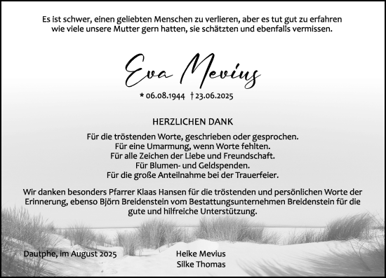 Traueranzeige von Eva Mevius von Hinterländer Anzeiger