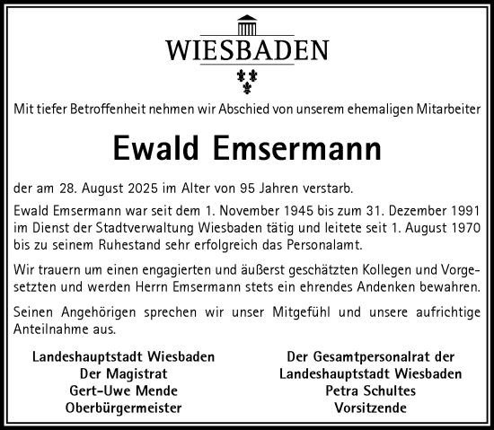 Traueranzeige von Ewald Emsermann von Wiesbadener Kurier