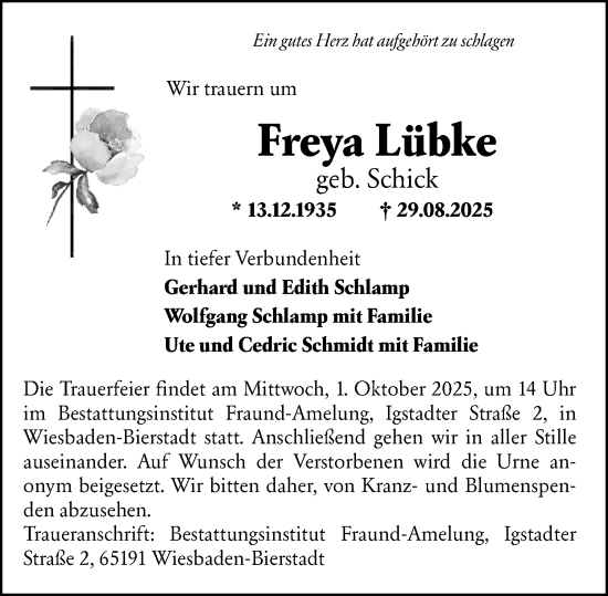 Traueranzeige von Freya Lübke von Wiesbadener Kurier