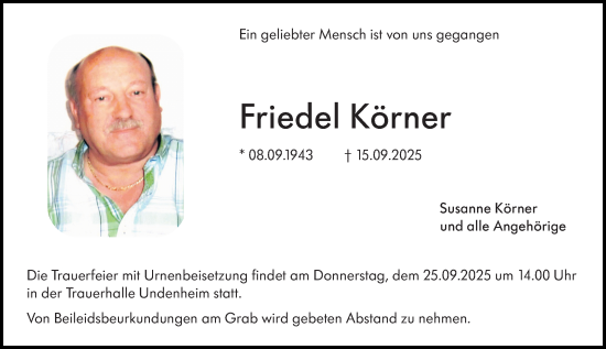 Traueranzeige von Friedel Körner von Allgemeine Zeitung Mainz