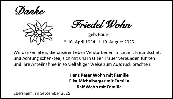 Traueranzeige von Friedel Wohn von Allgemeine Zeitung Mainz