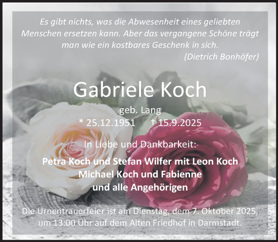 Traueranzeige von Gabriele Koch von Darmstädter Echo Traueranzeige von Gabriele Koch von Darmstädter Echo