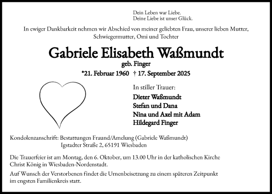 Traueranzeige von Gabriele Elisabeth Waßmundt von Wiesbadener Kurier Traueranzeige von Gabriele Elisabeth Waßmundt von Wiesbadener Kurier
