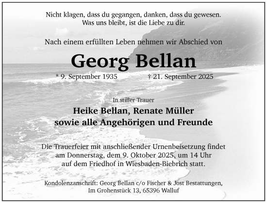 Traueranzeige von Georg Bellan von Wiesbadener Kurier Traueranzeige von Georg Bellan von Wiesbadener Kurier