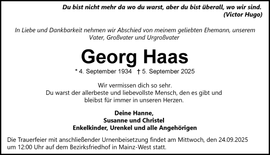 Traueranzeige von Georg Haas von Allgemeine Zeitung Mainz