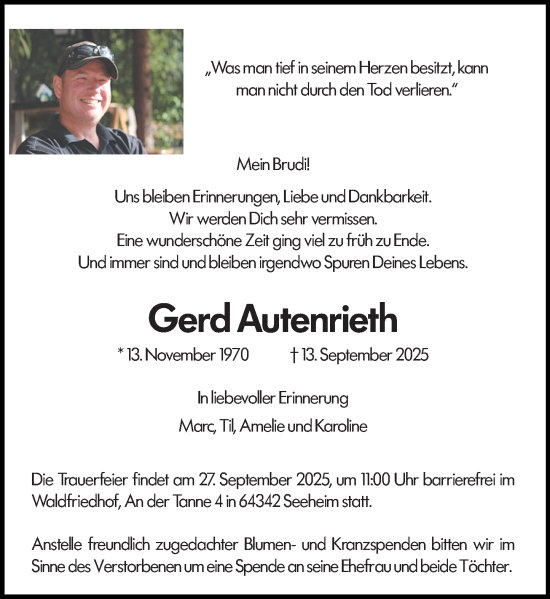 Traueranzeige von Gerd Autenrieth von Darmstädter Echo