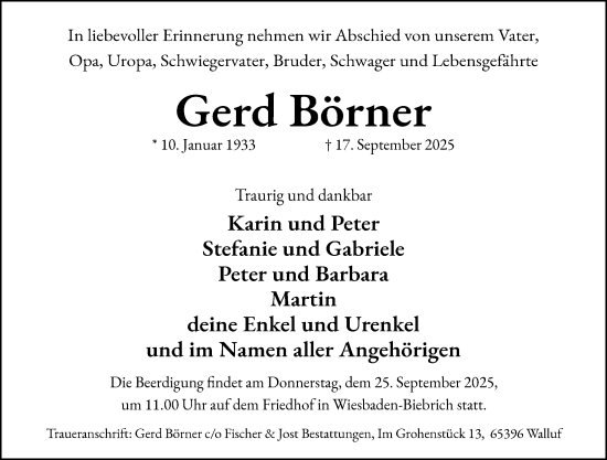 Traueranzeige von Gerd Börner von Wiesbadener Kurier Traueranzeige von Gerd Börner von Wiesbadener Kurier