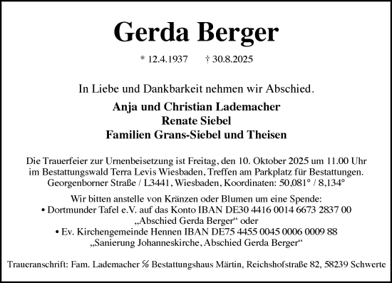 Traueranzeige von Gerda Berger von Wiesbadener Kurier