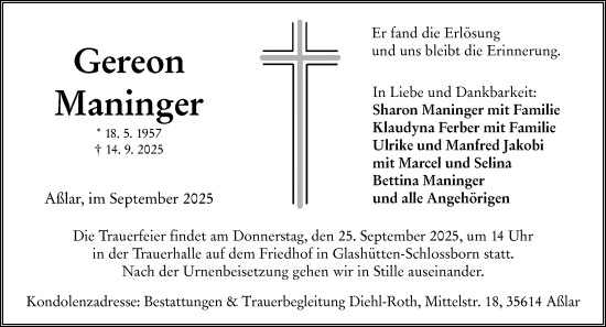 Traueranzeige von Gereon Maninger von Wetzlarer Neue Zeitung Traueranzeige von Gereon Maninger von Wetzlarer Neue Zeitung