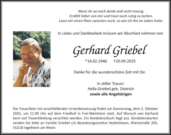 Traueranzeige von Gerhard Griebel von Allgemeine Zeitung Rheinhessen-Nahe Traueranzeige von Gerhard Griebel von Allgemeine Zeitung Rheinhessen-Nahe