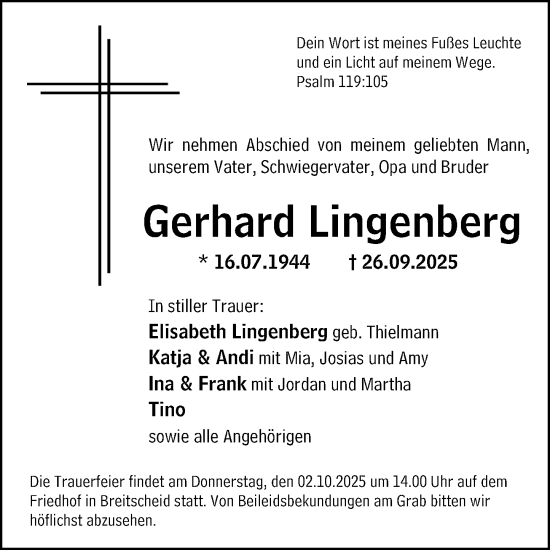 Traueranzeige von Gerhard Lingenberg von Dill Block