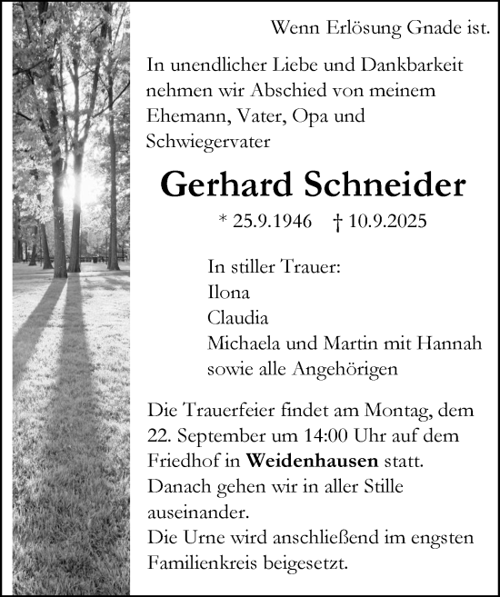 Traueranzeige von Gerhard Schneider von Hinterländer Anzeiger